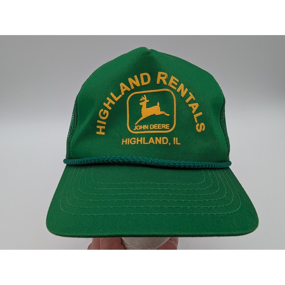 Vintage John Deere Highland Rentals Trucker Hat Green Snapback Mesh Cap YoungAn
